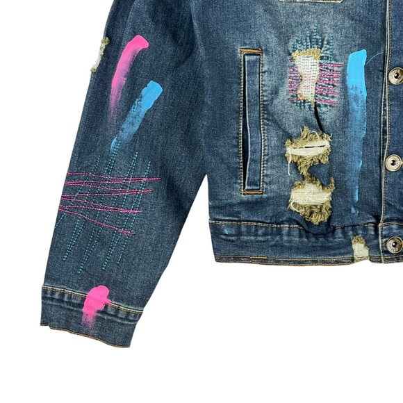 NWT Create 2MRW Men's Blue Denim Jacket Size M Distressed Hand Painted Stretch - Picture 5 of 11